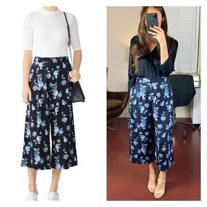 Becken Women's Floral Pleated Silk Blend Cropped Culottes Pants Navy Blue Size 6